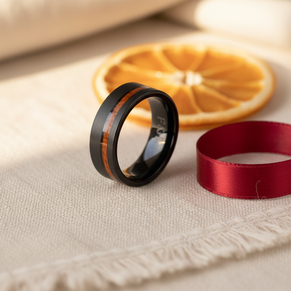 Elegant black and wood inlay ring, accompanied by a red ribbon and dried orange slice, set on a textured beige fabric.