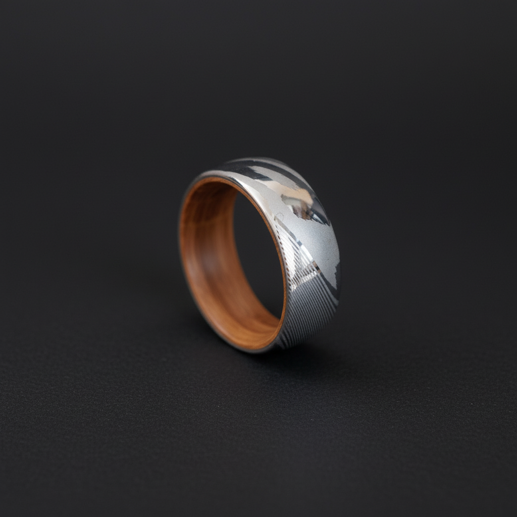 The Kura Damascus product: Forge and Lumber Artisan ring. Engravable 8mm band.