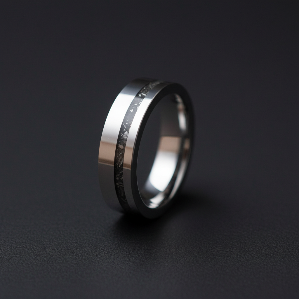 The Matariki 6mm Forge & Lumber ring. Meteorite band detail.
