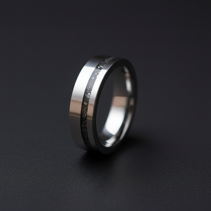 The Matariki 6mm Forge & Lumber ring. Meteorite band detail.