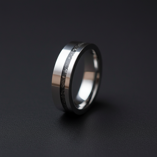 The Matariki 6mm Forge & Lumber ring. Meteorite band detail.