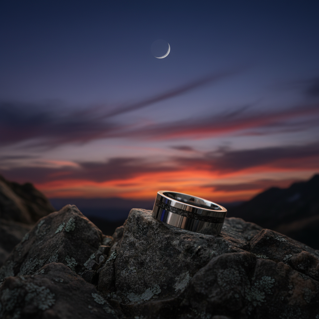 The Matariki 8mm Forge & Lumber ring. A detailed product shot.