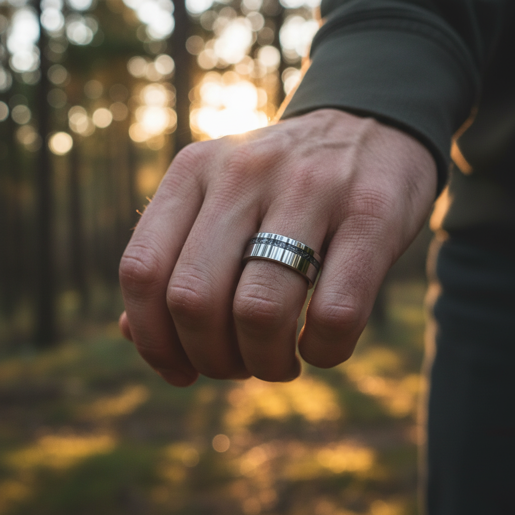 Silver 8mm alternative wedding ring with a brushed finish by Forge and Lumber worn on a hand in a natural setting.