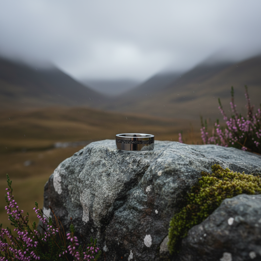 Black 8mm alternative wedding ring by Forge and Lumber, set on a rocky surface with a scenic backdrop.