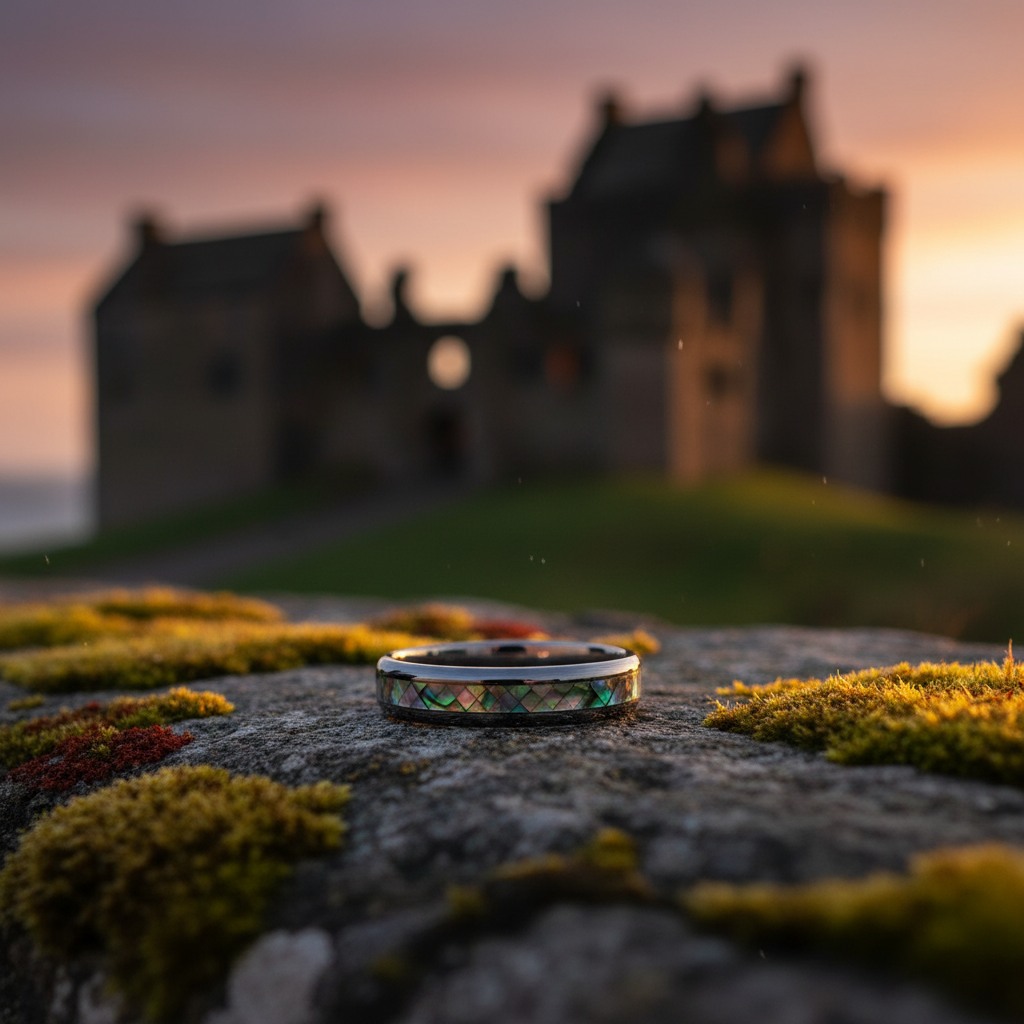 Forge & Lumber Moana ring on mossy stone. Engravable band. Scottish ruins, sunset.