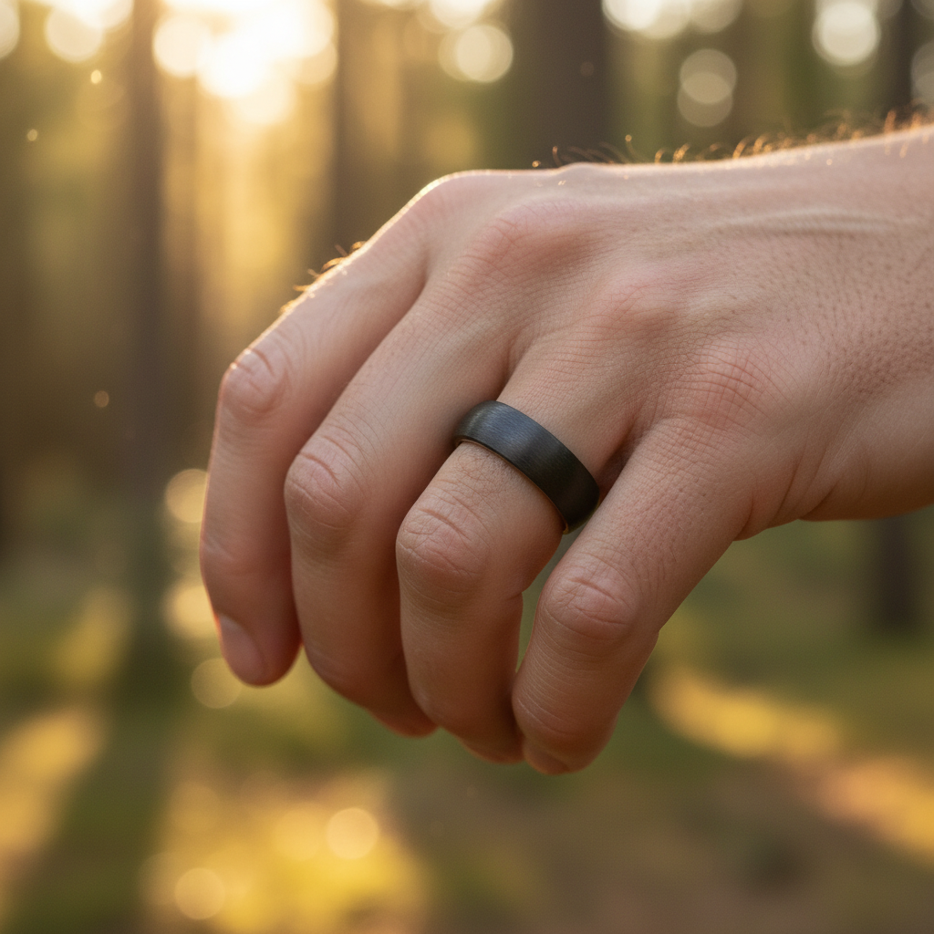 Matte black 6mm carbon fiber ring by Forge and Lumber, showcasing a sleek and modern design.