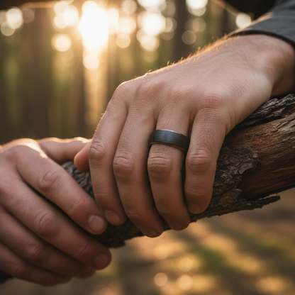 Black 8mm carbon fiber ring by Forge and Lumber, showcasing a sleek, modern design, perfect for engravings.