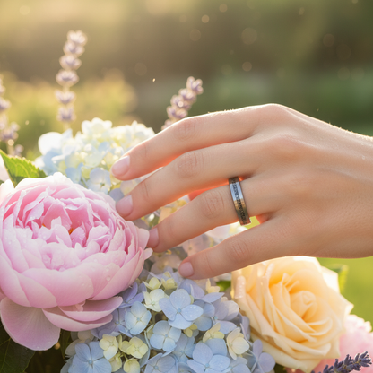 Forge and Lumber Nova 4mm wedding band, black with polished finish, worn on hand near pastel flowers.