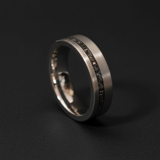 The Nova 6mm ring by Forge and Lumber. Bestseller, cosmic, and engravable product.