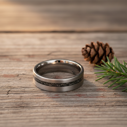 The Nova 6mm ring by Forge and Lumber. Bestseller, cosmic, engravable product.