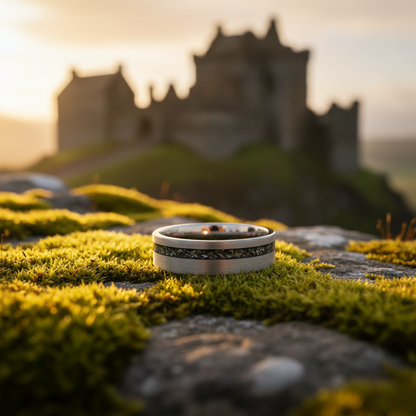 Forge & Lumber Nova ring (6mm) on moss stone. Cosmic engravable band at sunset.
