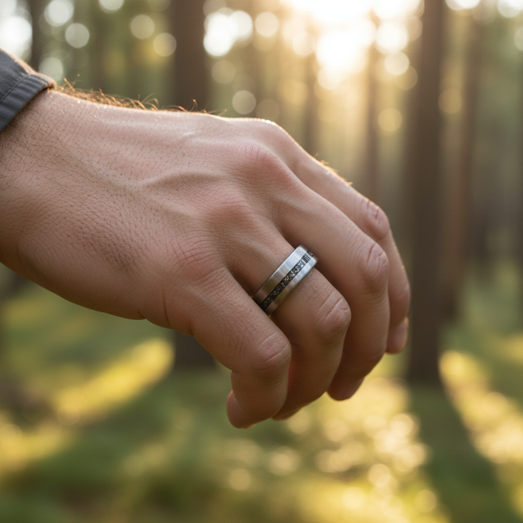 Forge and Lumber Nova 8mm ring. Bestseller cosmic, durable anniversary band.