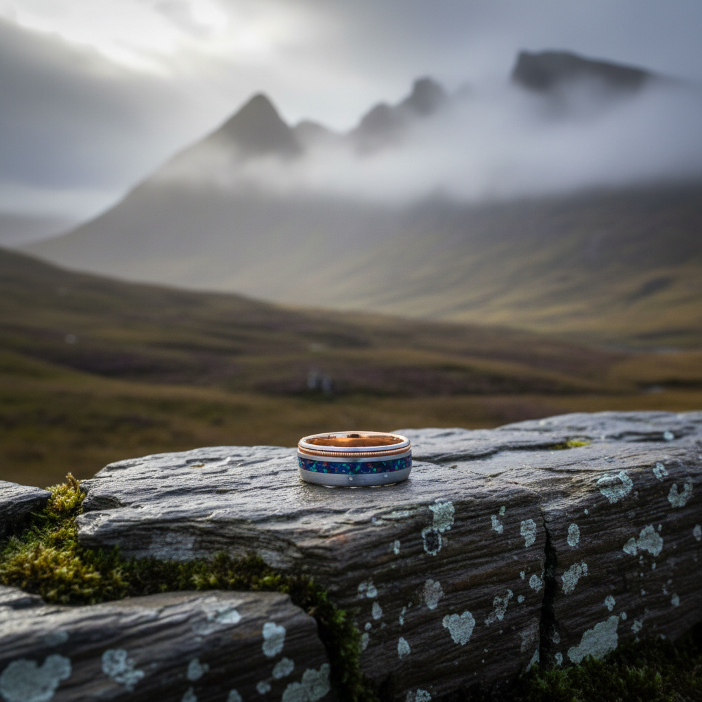 Opal inlay ring with wooden band, artisan-crafted by Forge and Lumber, set against a misty mountain backdrop.
