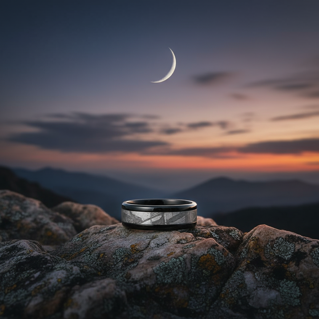 Black Zirconium ring with 8mm width and astronomy-inspired design by Forge and Lumber, set against a sunset backdrop.