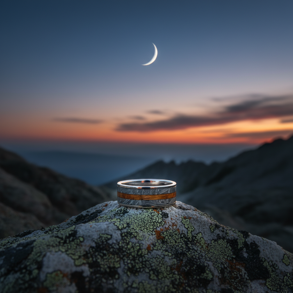 Artisan 8mm barrel-wood ring with cosmic elements by Forge and Lumber, set against a scenic sunset background.