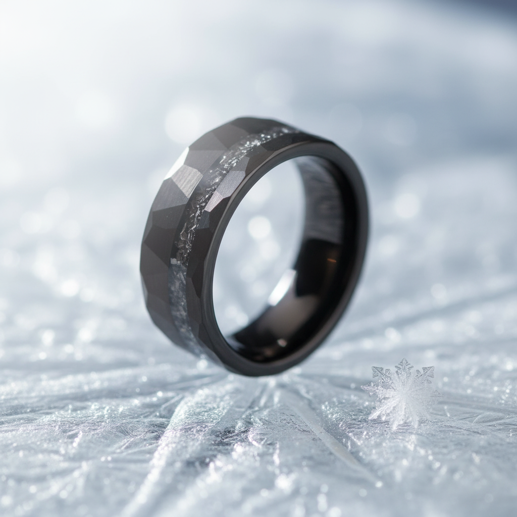 Sleek black faceted ring, featuring a textured band, resting on a frosty surface with a snowflake. Perfect for winter weddings.