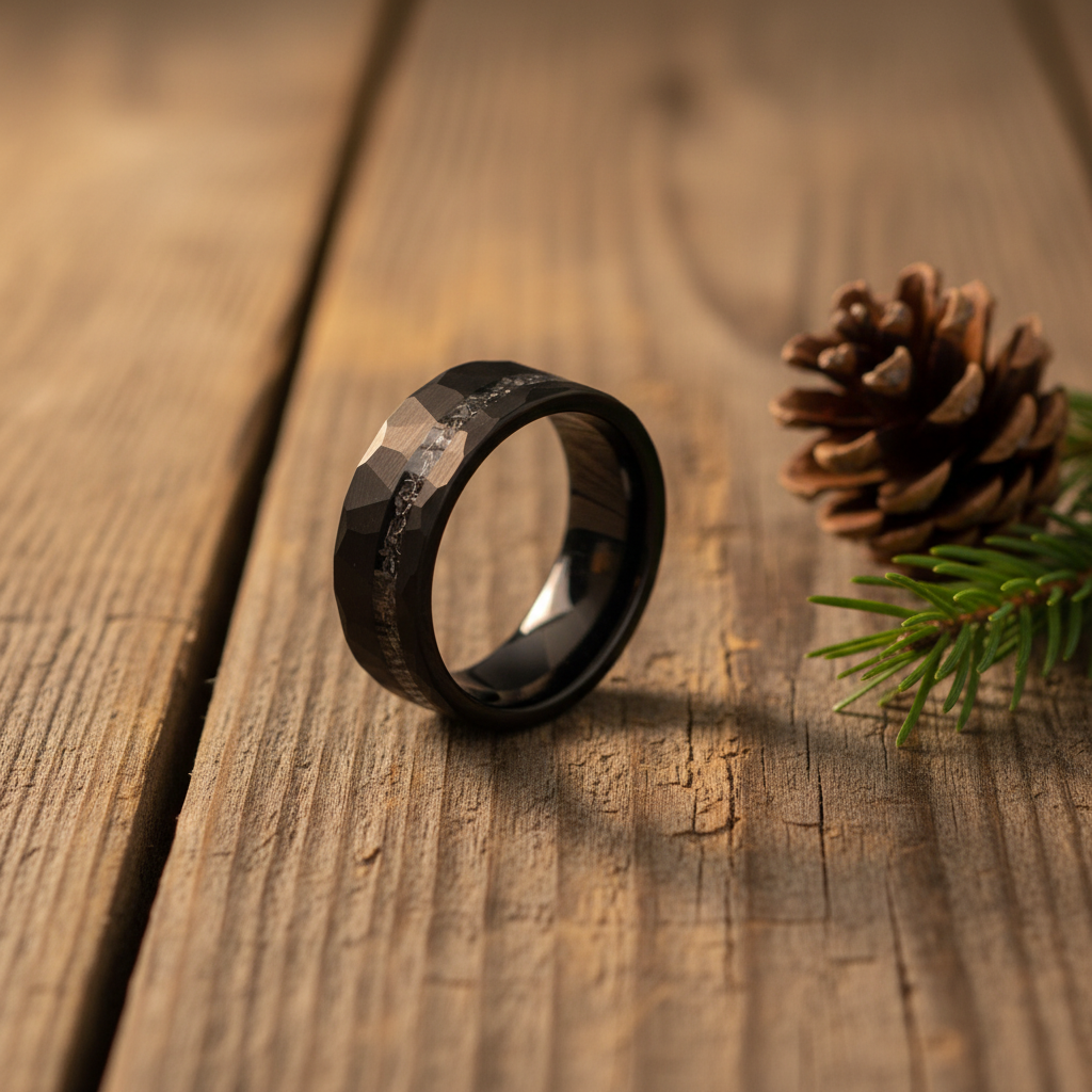 Sleek black ring with a faceted design, resting on rustic wooden planks beside pinecone and greenery.