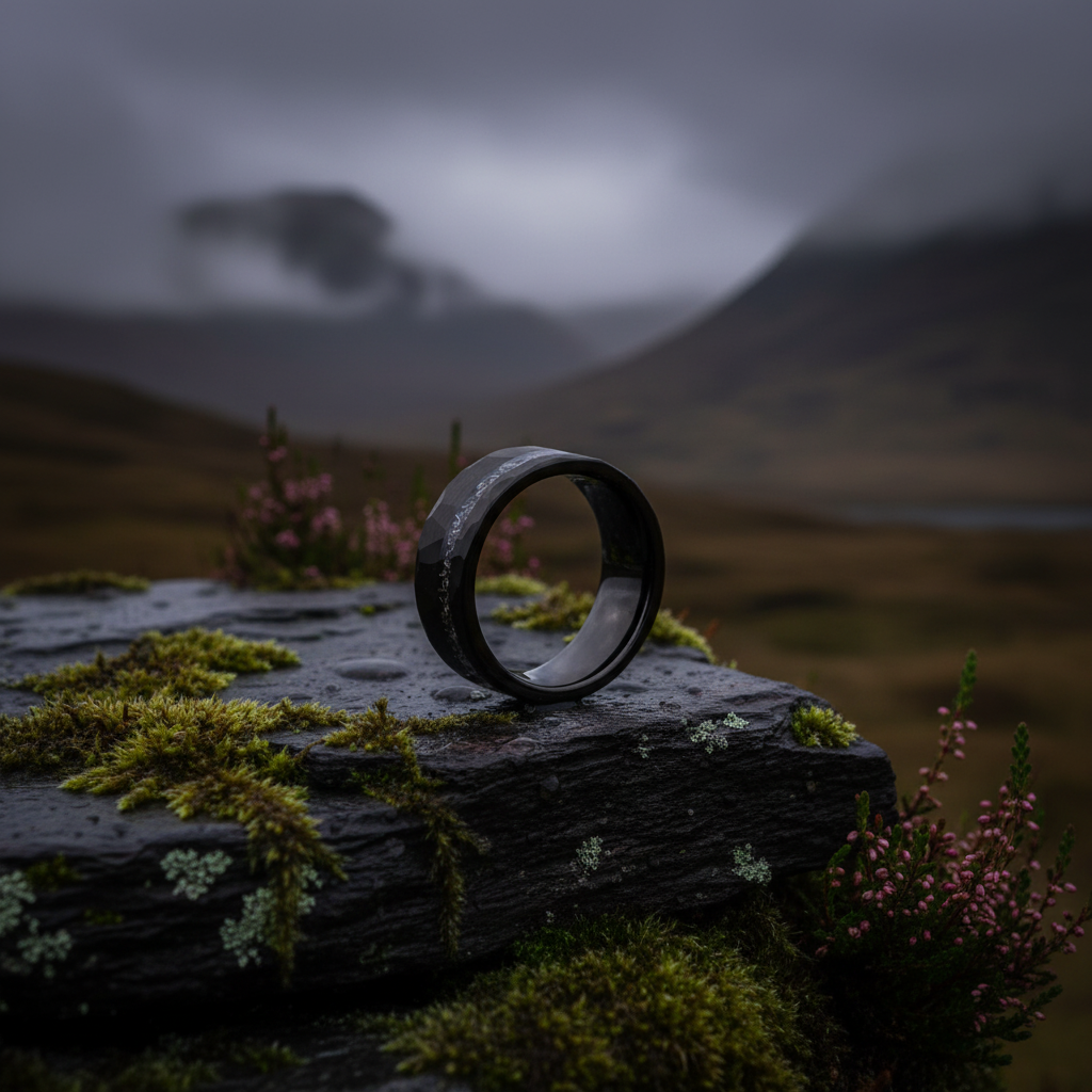A sleek black ring titled "The Shuttle" resting on a moss-covered rock, with a misty landscape backdrop.
