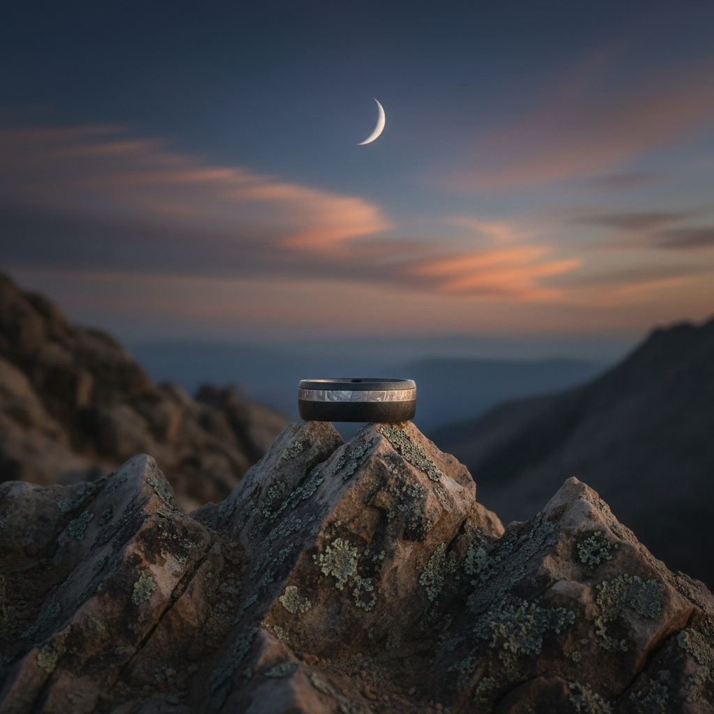 Black Zirconium wedding band from Forge and Lumber, 8mm, set against a mountain sunset backdrop.
