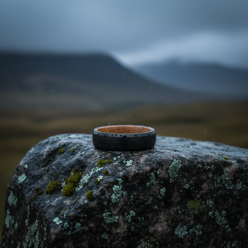 Beveled 6mm barrel-wood ring by Forge and Lumber on a mossy rock background
