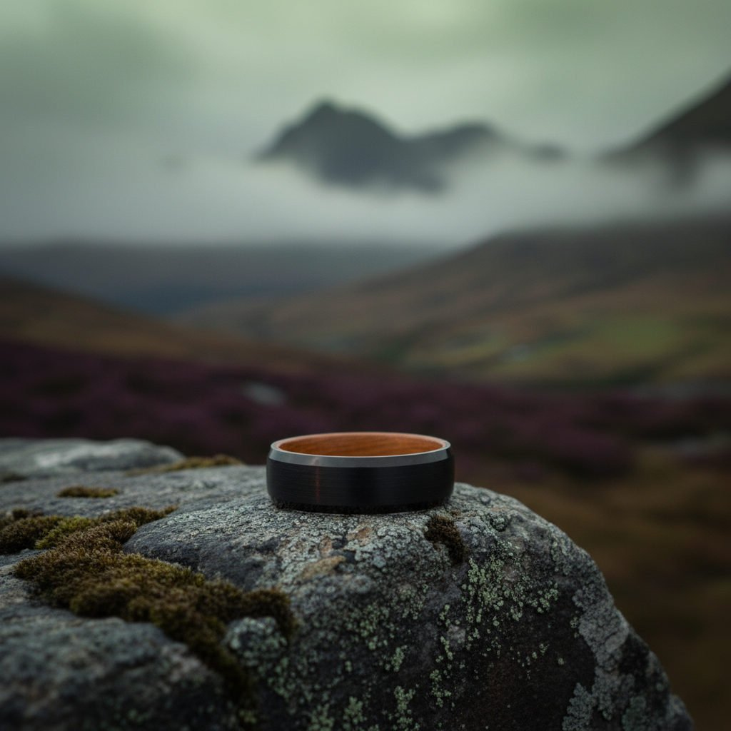 Elegant 8mm wooden ring, "The Speyside," resting on a mossy rock with a misty mountain backdrop.