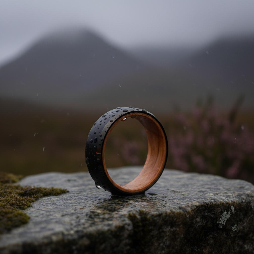 Sleek black and wood bracelet with textured surface, set against a misty landscape. The Speyside - 8mm.