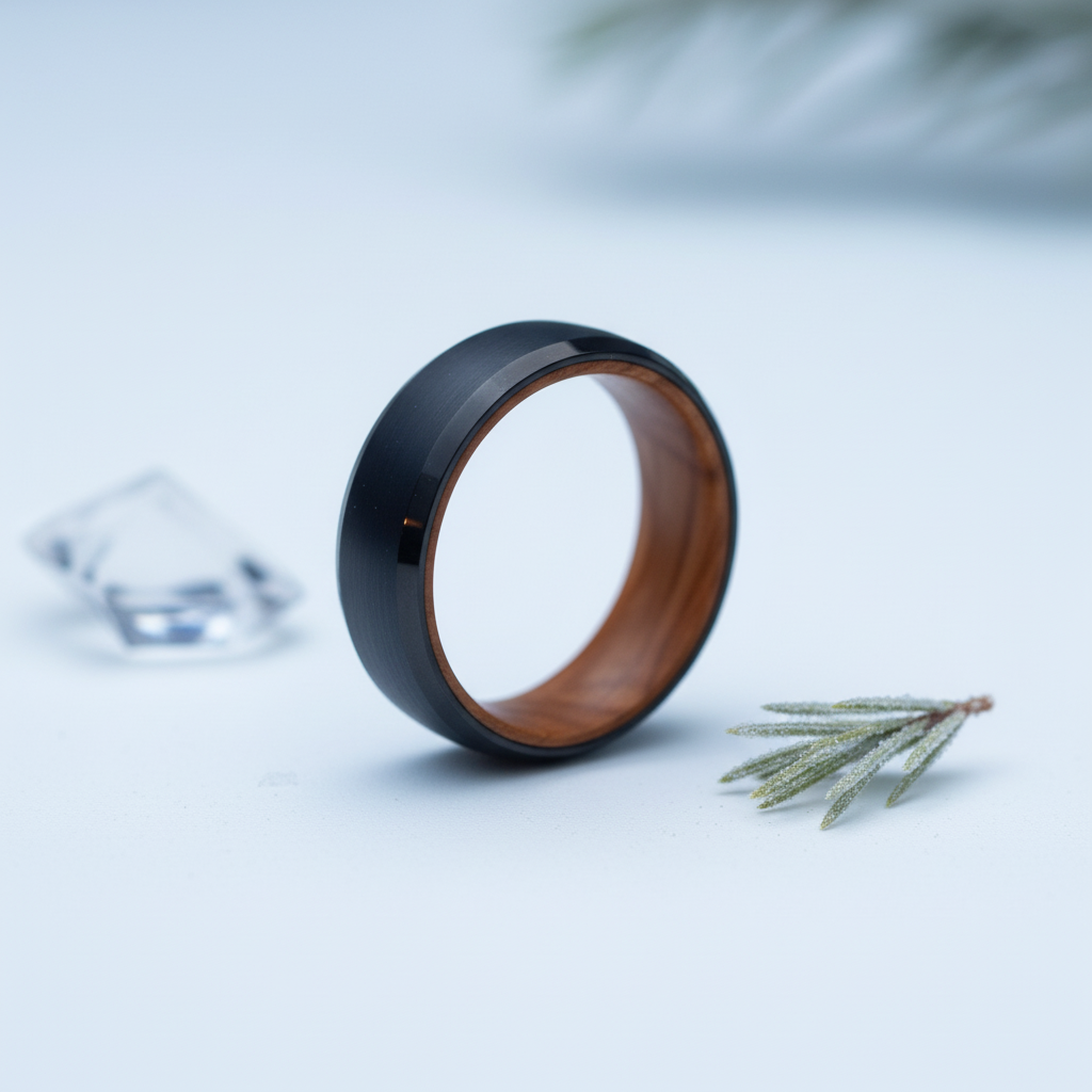 Sleek 8mm black ring with a wooden interior, accompanied by a crystal and a pine sprig on a light background.