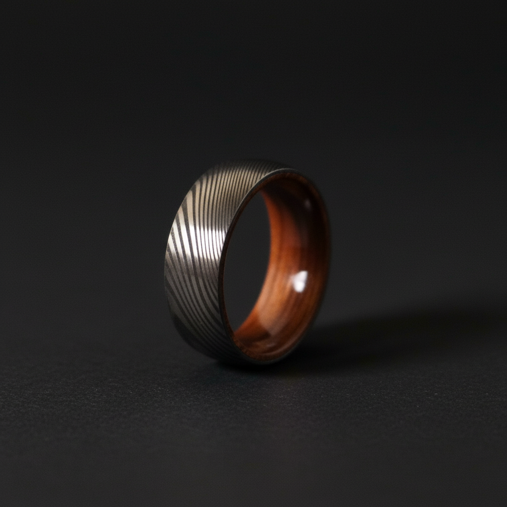 The Sword Damascus commitment ring by Forge and Lumber. Artisan jewelry.