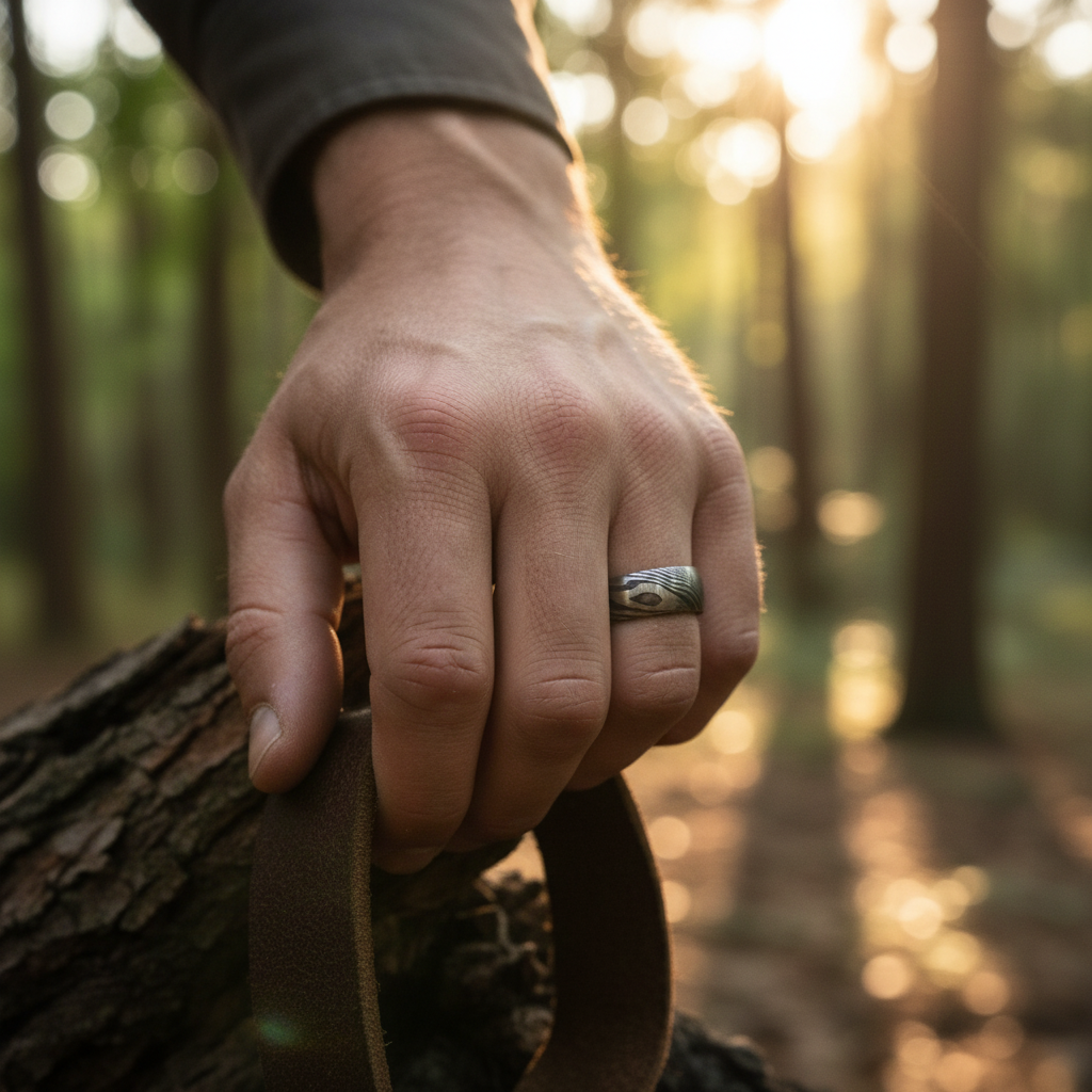 The Sword commitment ring: Forge and Lumber Damascus artisan jewelry.
