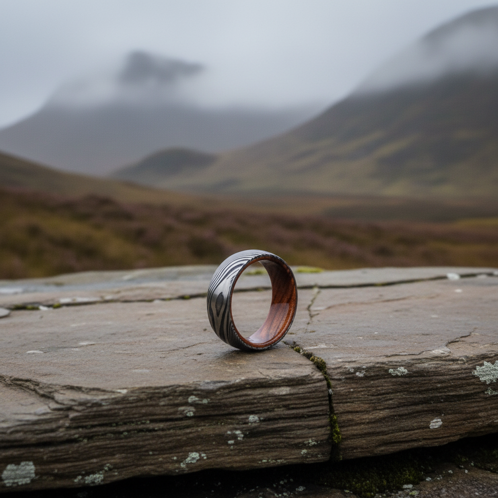 The Sword ring by Forge and Lumber; 8mm Damascus steel artisan jewelry.
