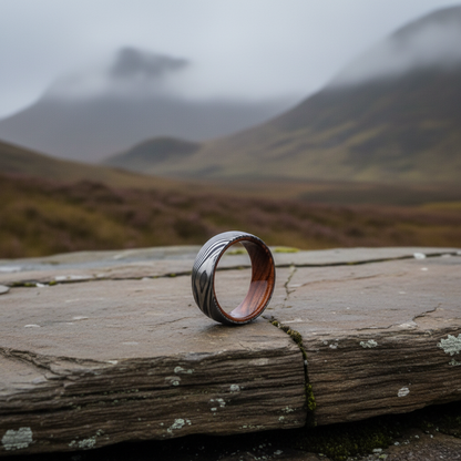 The Sword ring by Forge and Lumber; 8mm Damascus steel artisan jewelry.