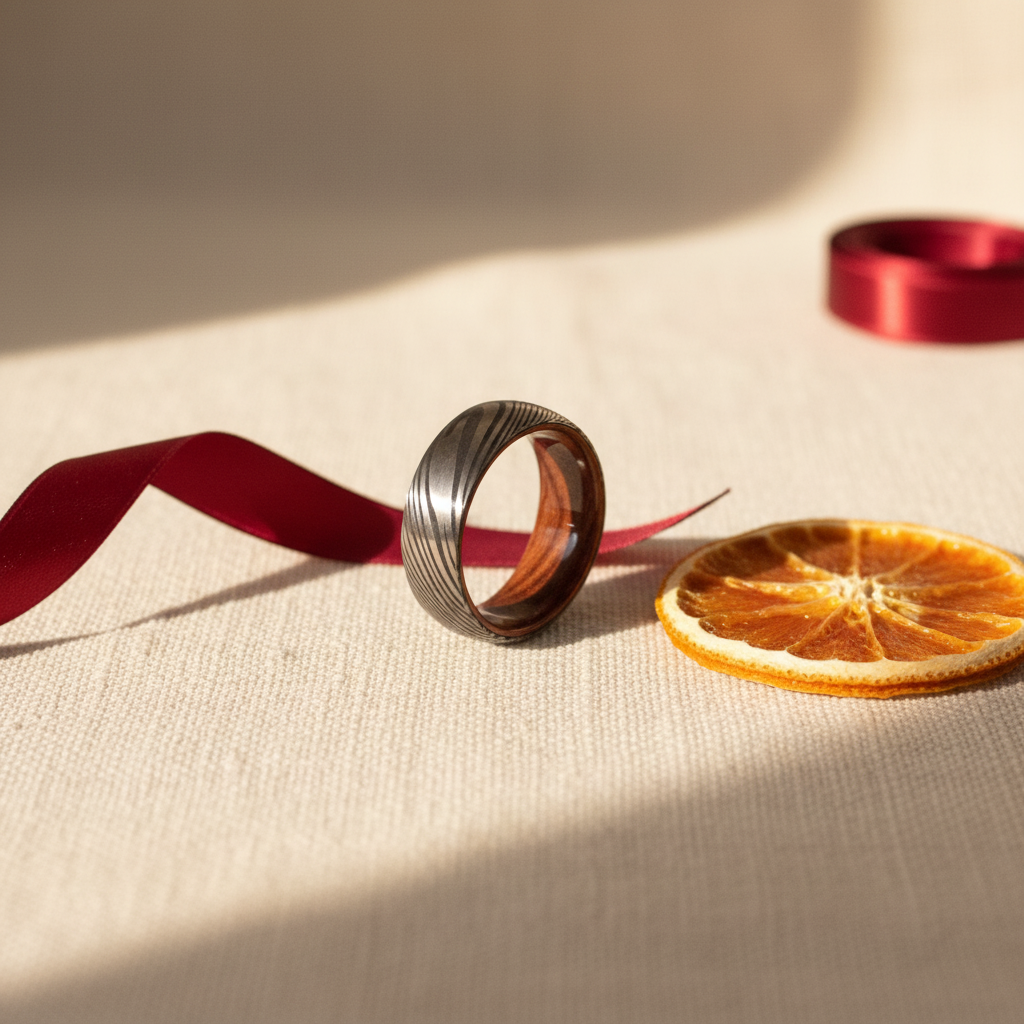 The Sword Damascus commitment ring: Forge and Lumber artisan jewelry.
