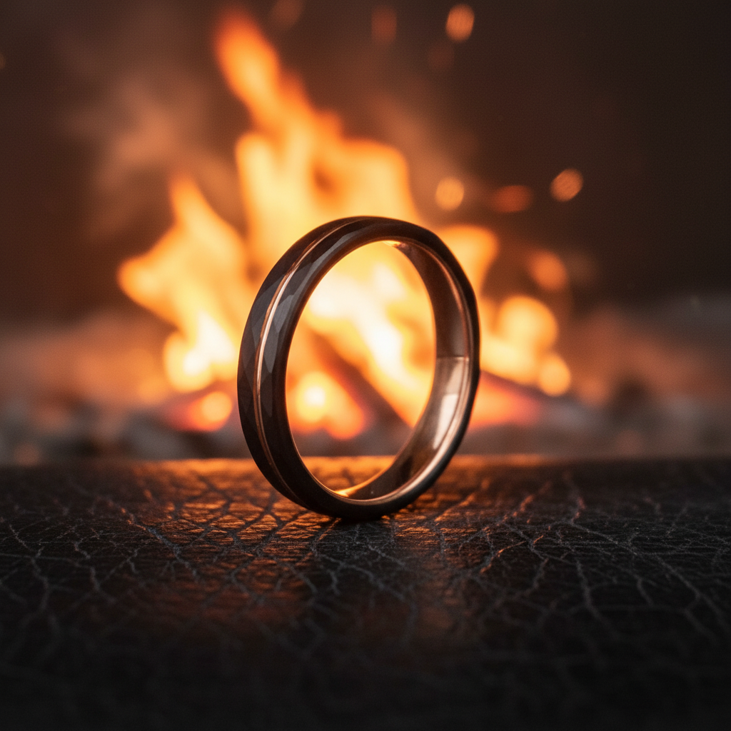 Sleek, dark metal ring with a polished finish, elegantly positioned against a warm, glowing fire background.