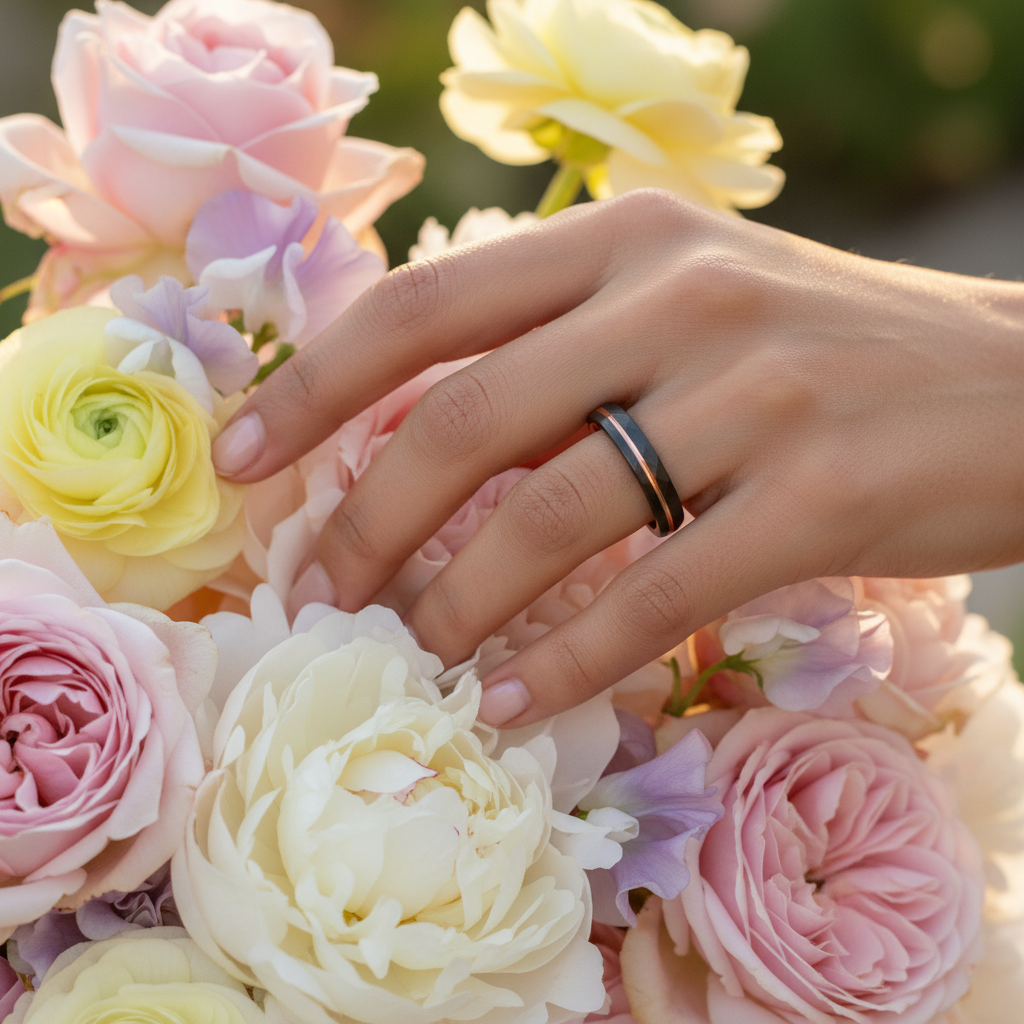 Elegant hand wearing "The Tana" ring, surrounded by soft pastel roses and peonies in bloom.