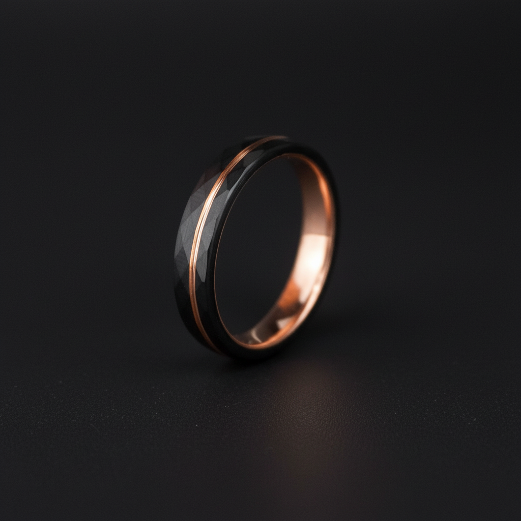 Sleek black and rose gold ring with a faceted design, showcasing modern elegance in a dramatic setting.