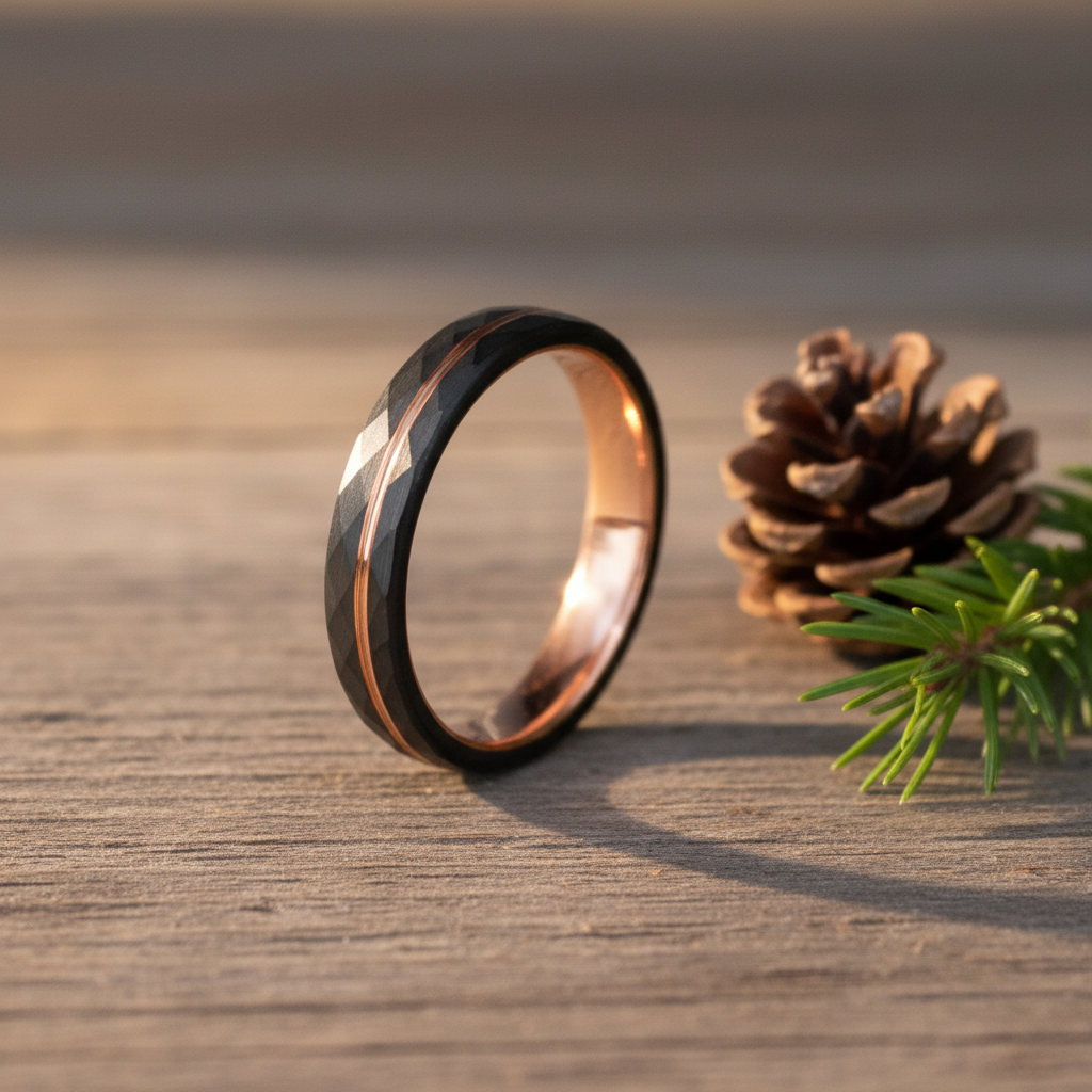 Elegant black ring with copper accents, showcased on a wooden surface beside a pine cone and greenery.