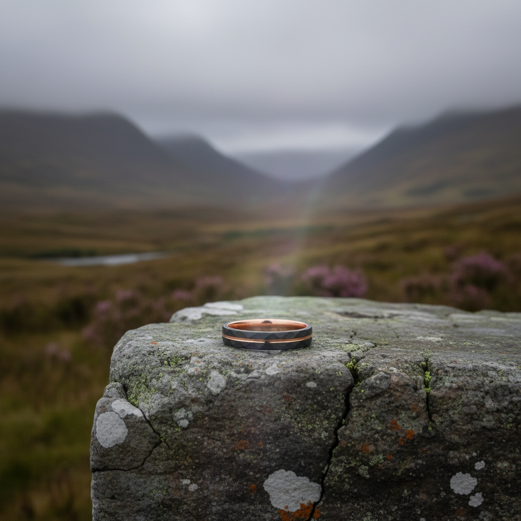 Copper and black ring, "The Tana," resting on a mossy rock with a misty valley backdrop.