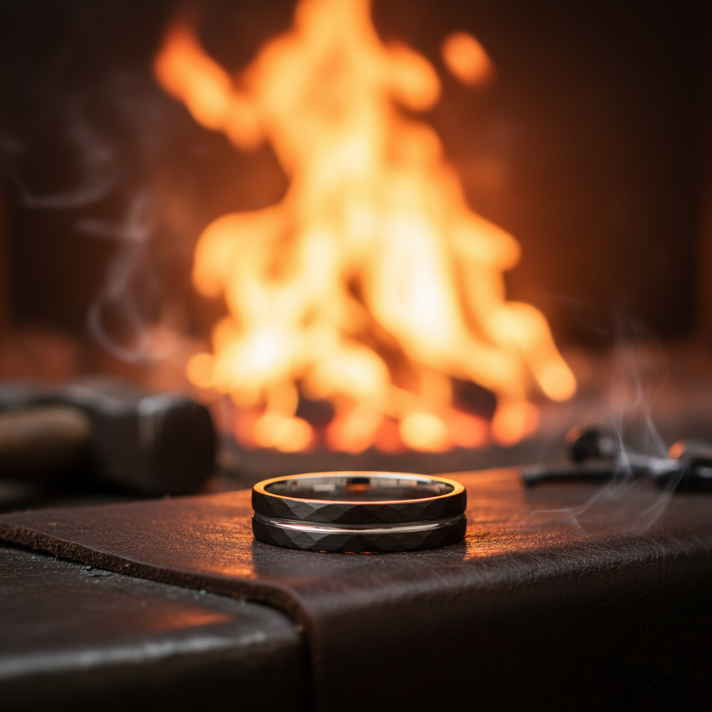 Delicate silver band ring, 4mm, engravable, by Forge and Lumber, set against a glowing fire background.
