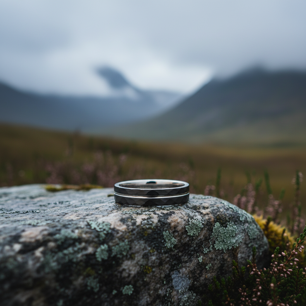 Silver 4mm band ring on a rocky surface, showcasing a delicate, engravable design by Forge and Lumber.