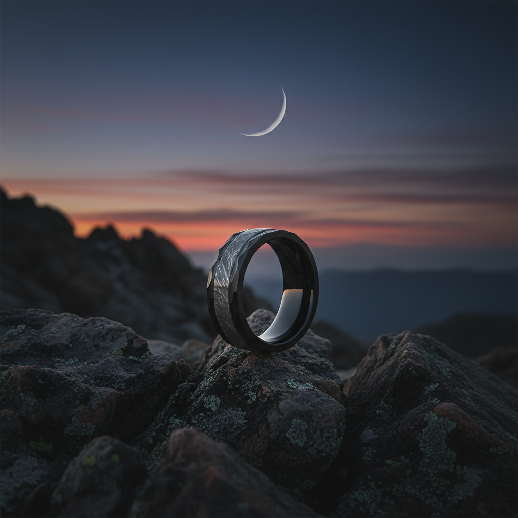 Black Zirconium engagement ring with an 8mm width, featuring a textured surface, by Forge and Lumber.