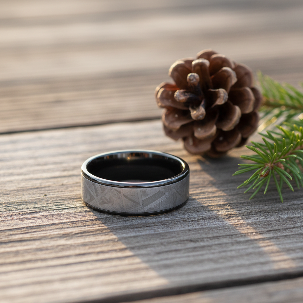 The Titan Black Zirconium ring by Forge & Lumber. Durable 8mm band.