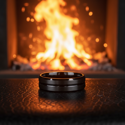 A sleek black ring with a polished finish sits on a textured surface, illuminated by a warm glowing fireplace.