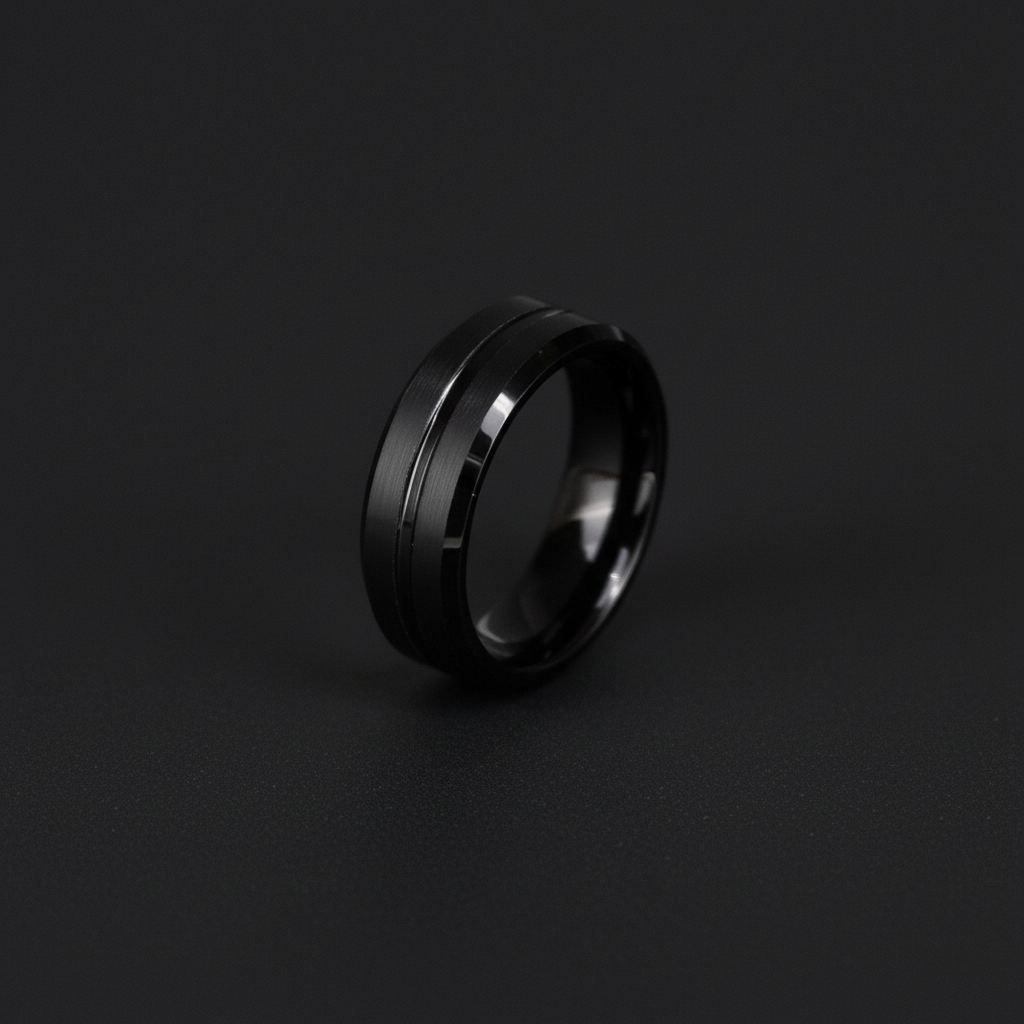 Sleek black ring with a polished finish and subtle grooves, showcasing modern elegance in "The Waka."