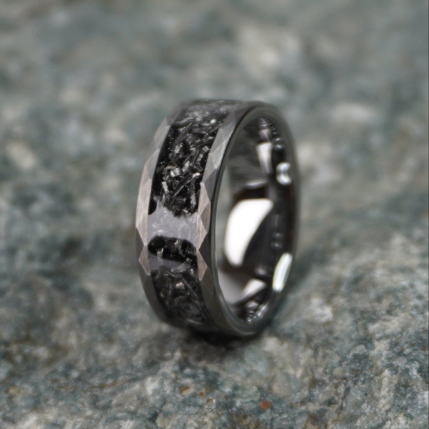 Black 8mm alternative metal wedding band with celestial design by Forge and Lumber.