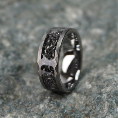 Black 8mm alternative metal wedding band with celestial design by Forge and Lumber.