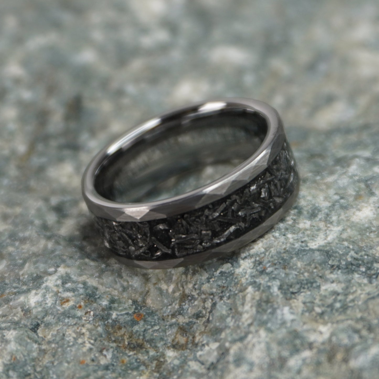 Black alternative metal wedding band with celestial design by Forge and Lumber, featuring an 8mm width.