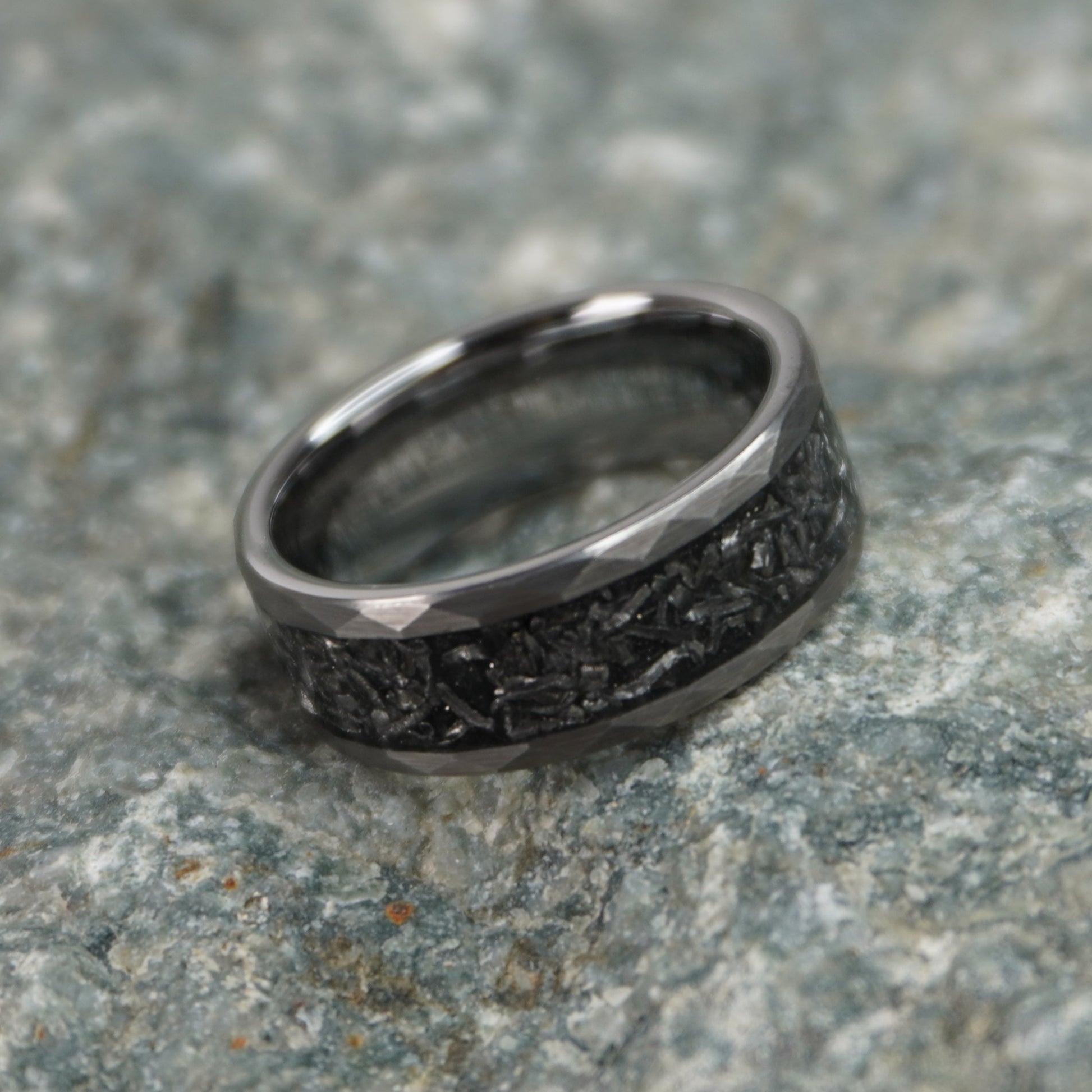 Black alternative metal wedding band with celestial design by Forge and Lumber, featuring an 8mm width.