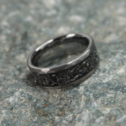 Black alternative metal wedding band with celestial design by Forge and Lumber, featuring an 8mm width.