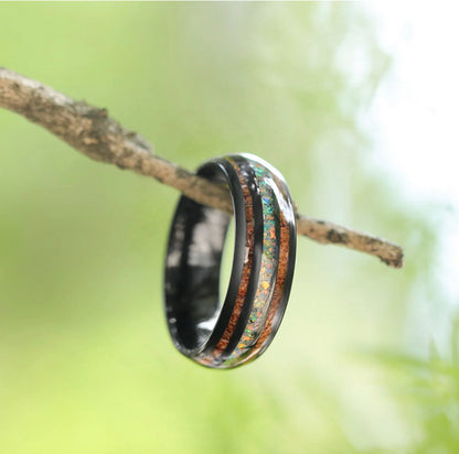 Black comfort-fit ring with double inlay, featuring vibrant blue and brown accents by Forge and Lumber.