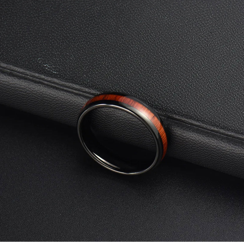 Black and brown striped 4mm Hawaiian ring by Forge and Lumber, durable design for anniversaries.